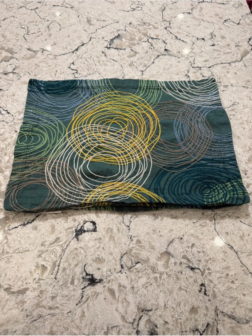Crate & Barrel Cirque Embroidered Placemats Teal Green Yellow Brown - Set of 4